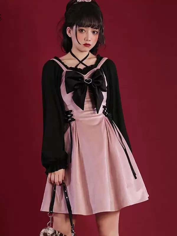 Gothic Lolita Dresses Lace Up Bows Black Pink - Image 2