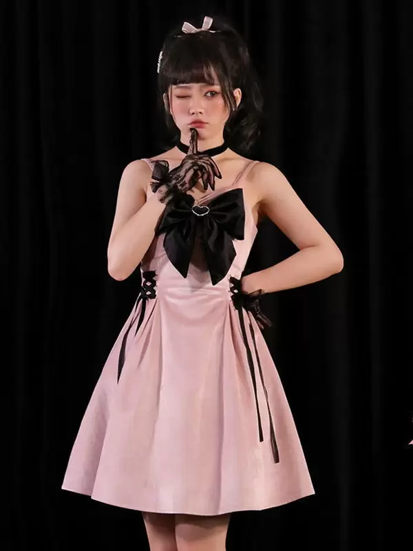 Gothic Lolita Dresses Lace Up Bows Black Pink - Image 7