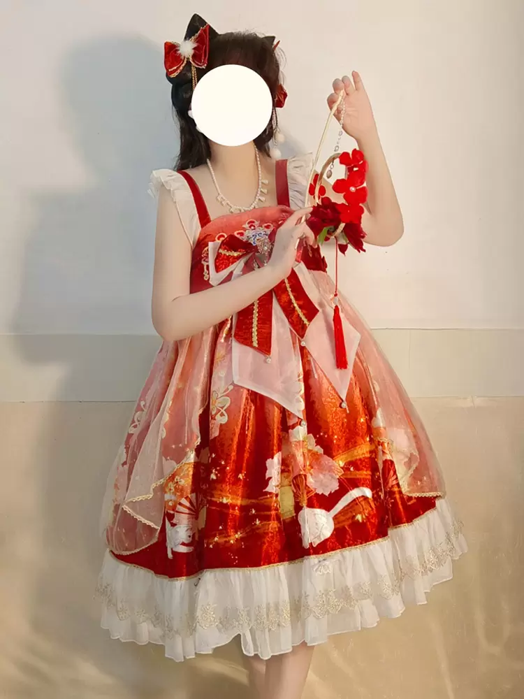 Japanese Style Lolita Costumes Lolita Dresses Polyester Ruffles Floral Print Kimono Sleeveless Red - Image 5