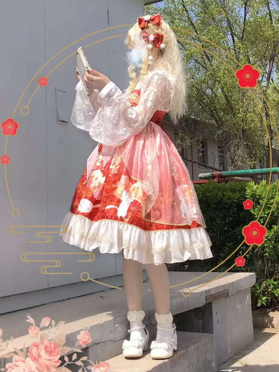 Japanese Style Lolita Costumes Lolita Dresses Polyester Ruffles Floral Print Kimono Sleeveless Red - Image 4