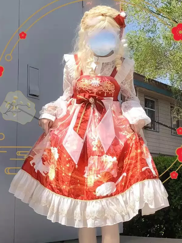Japanese Style Lolita Costumes Lolita Dresses Polyester Ruffles Floral Print Kimono Sleeveless Red - Image 3
