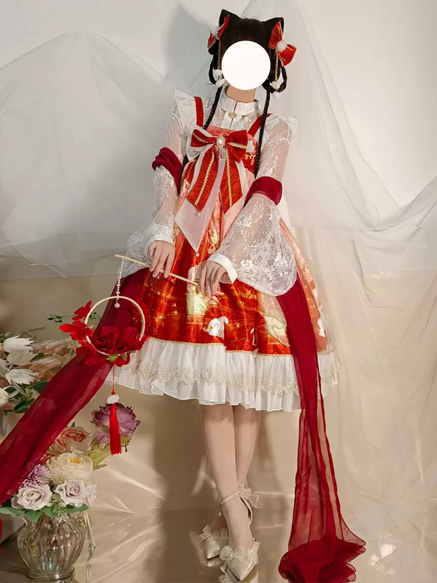Japanese Style Lolita Costumes Lolita Dresses Polyester Ruffles Floral Print Kimono Sleeveless Red - Image 2