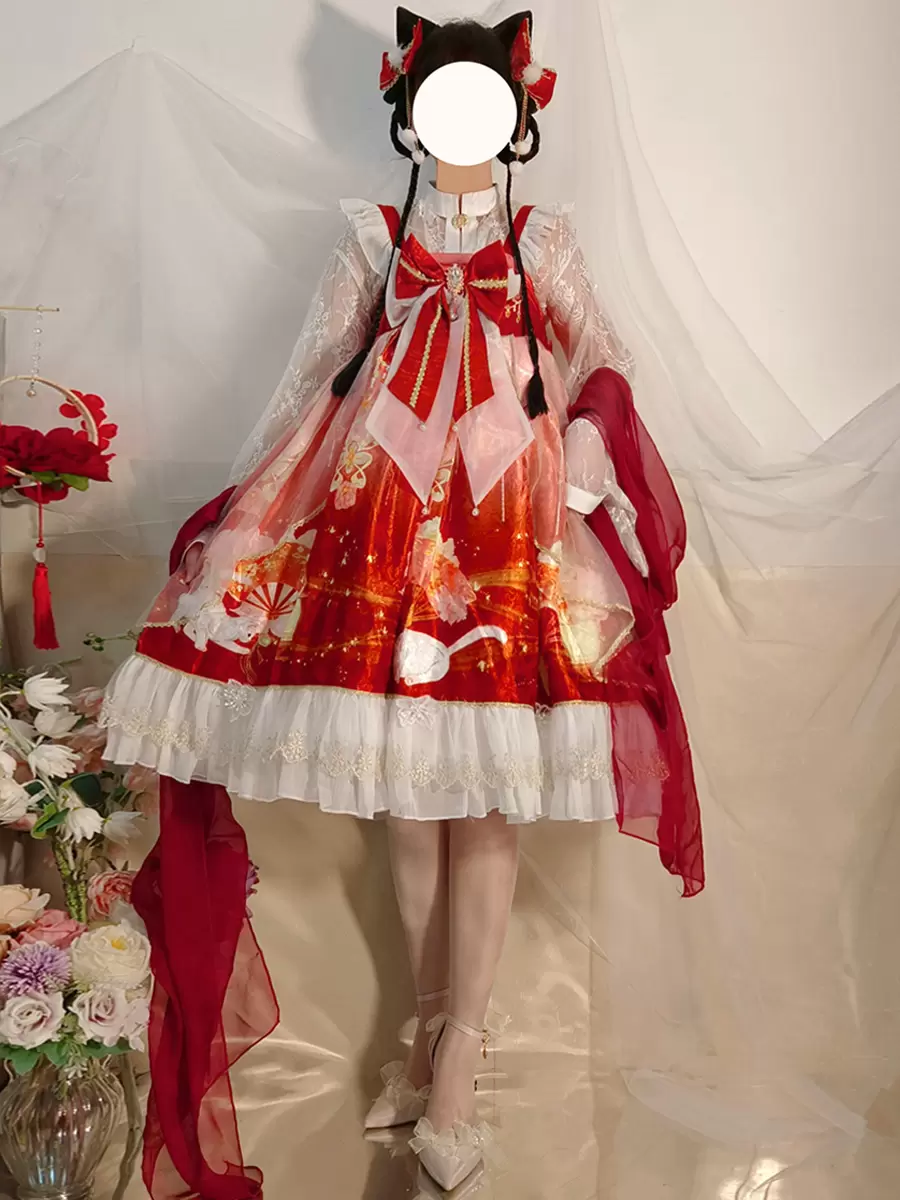Japanese Style Lolita Costumes Lolita Dresses Polyester Ruffles Floral Print Kimono Sleeveless Red