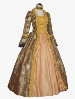 Coffee Brown Retro Costumes Girl's Tattoo Print Lace Up Satin Fabric Marie Antoinette Costume Set Choker Dress Gothic 18th Century Costume