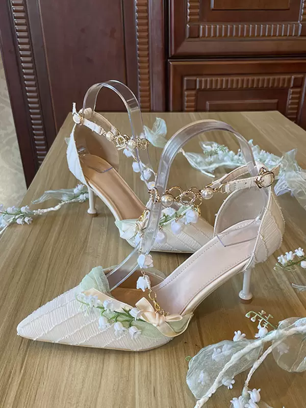 Sweet Lolita Footwear Apricot Flowers Pearls Chains Pointed Toe Textile Lolita Shoes - Image 7