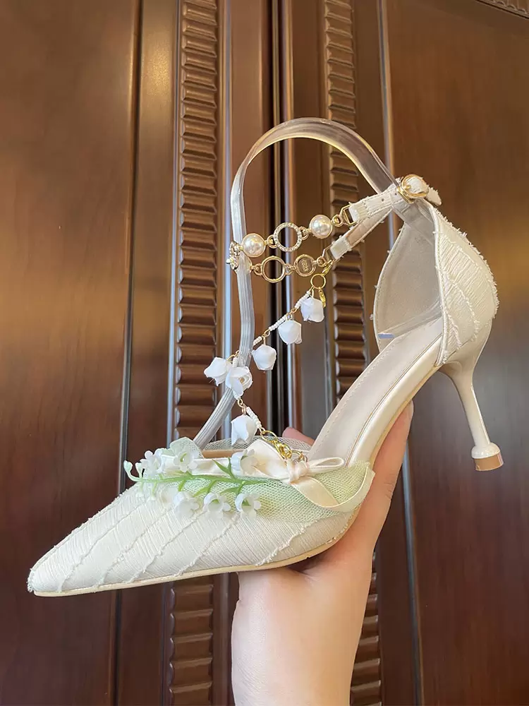 Sweet Lolita Footwear Apricot Flowers Pearls Chains Pointed Toe Textile Lolita Shoes - Image 6