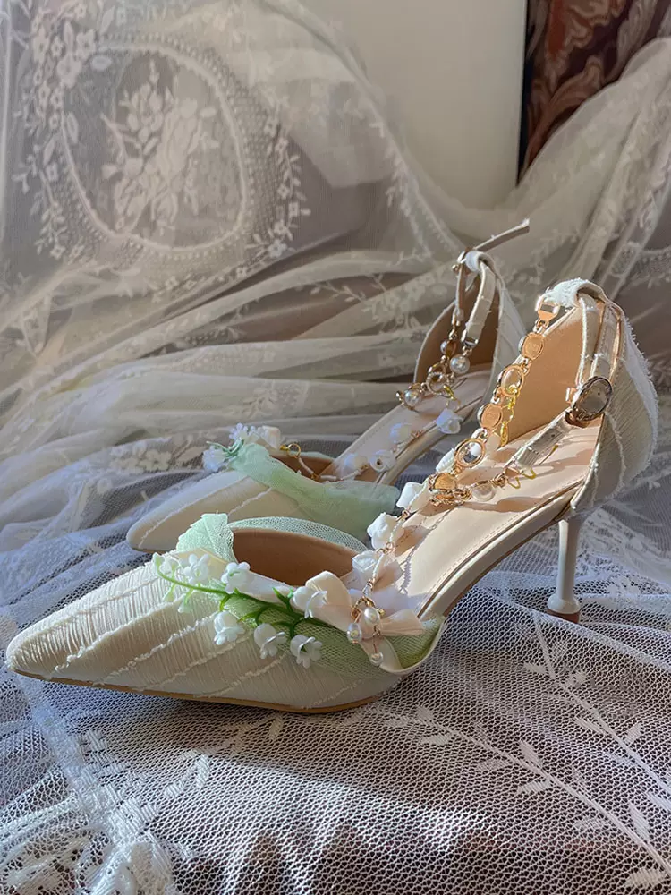 Sweet Lolita Footwear Apricot Flowers Pearls Chains Pointed Toe Textile Lolita Shoes - Image 5