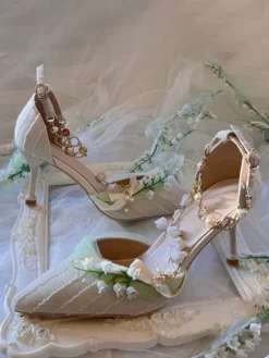 Sweet Lolita Footwear Apricot Flowers Pearls Chains Pointed Toe Textile Lolita Shoes