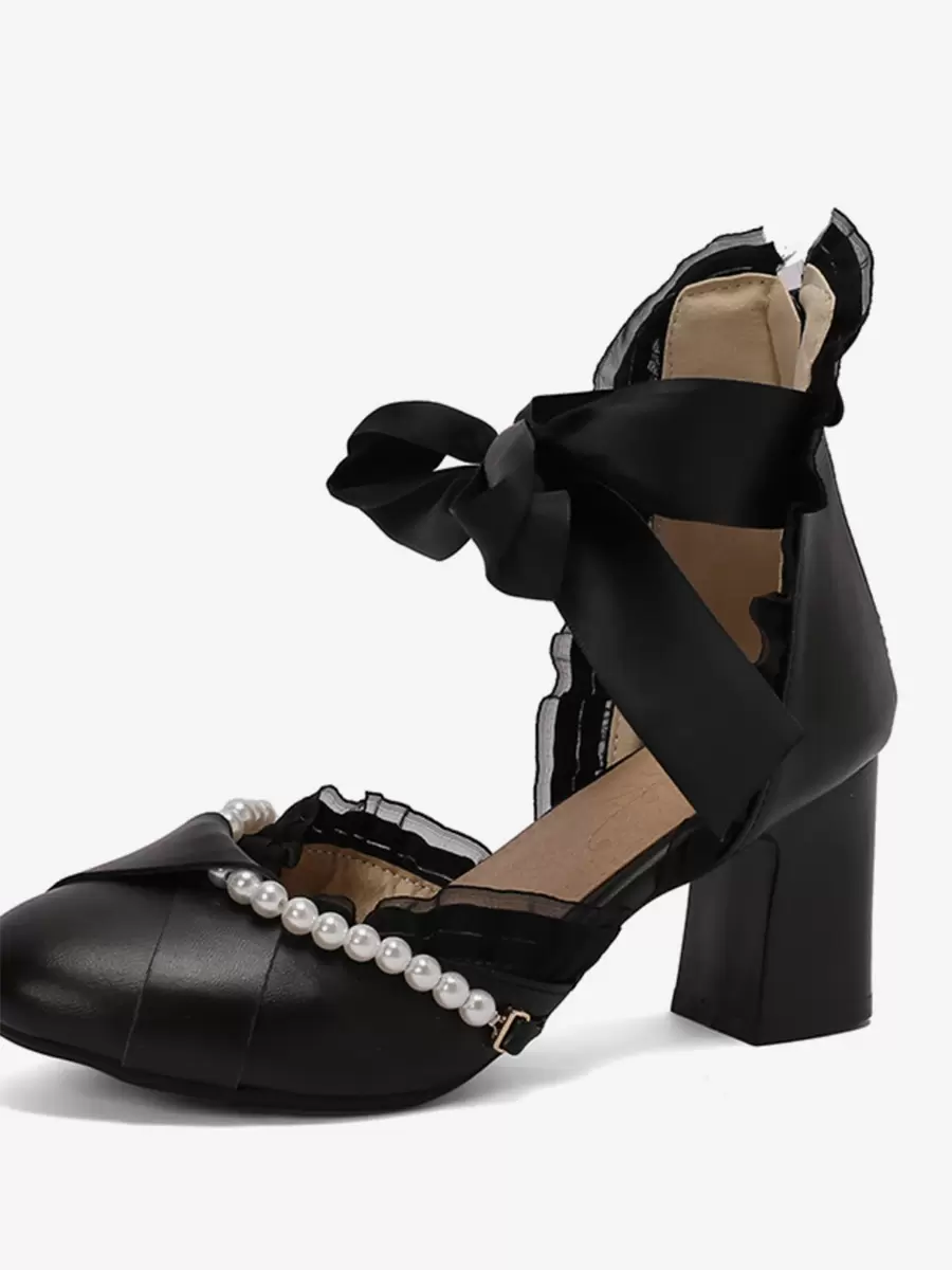 Sweet Lolita Footwear Pink Bows Pearls Ruffles PU Leather Chunky Heel Lolita Pumps - Image 6