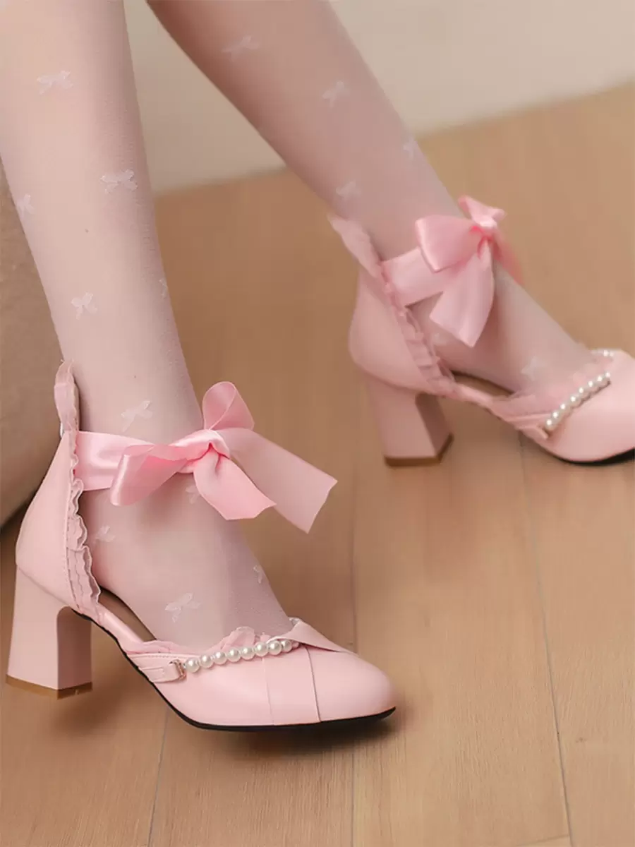 Sweet Lolita Footwear Pink Bows Pearls Ruffles PU Leather Chunky Heel Lolita Pumps - Image 4