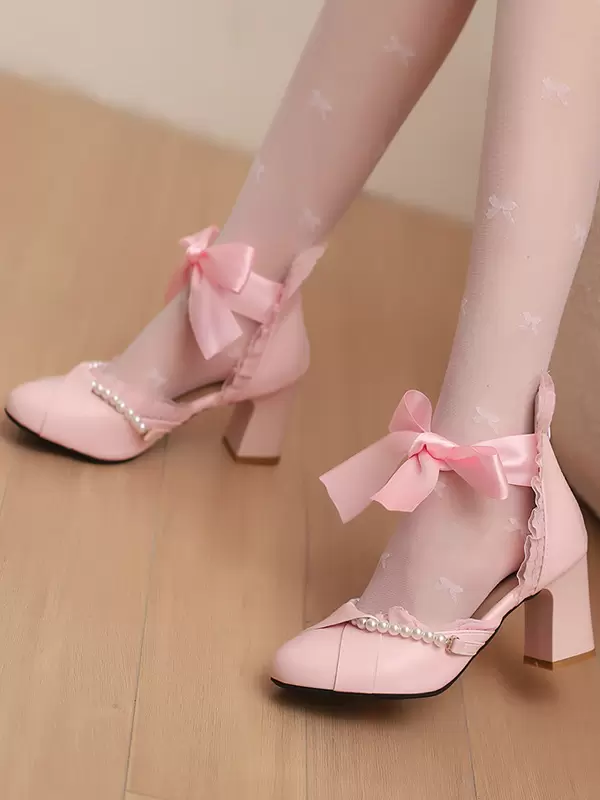 Sweet Lolita Footwear Pink Bows Pearls Ruffles PU Leather Chunky Heel Lolita Pumps - Image 3