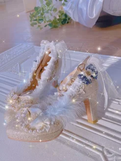 Sweet Lolita Footwear Champagne Pearls Bows Lace PU Leather Chunky Heel Lolita Pumps