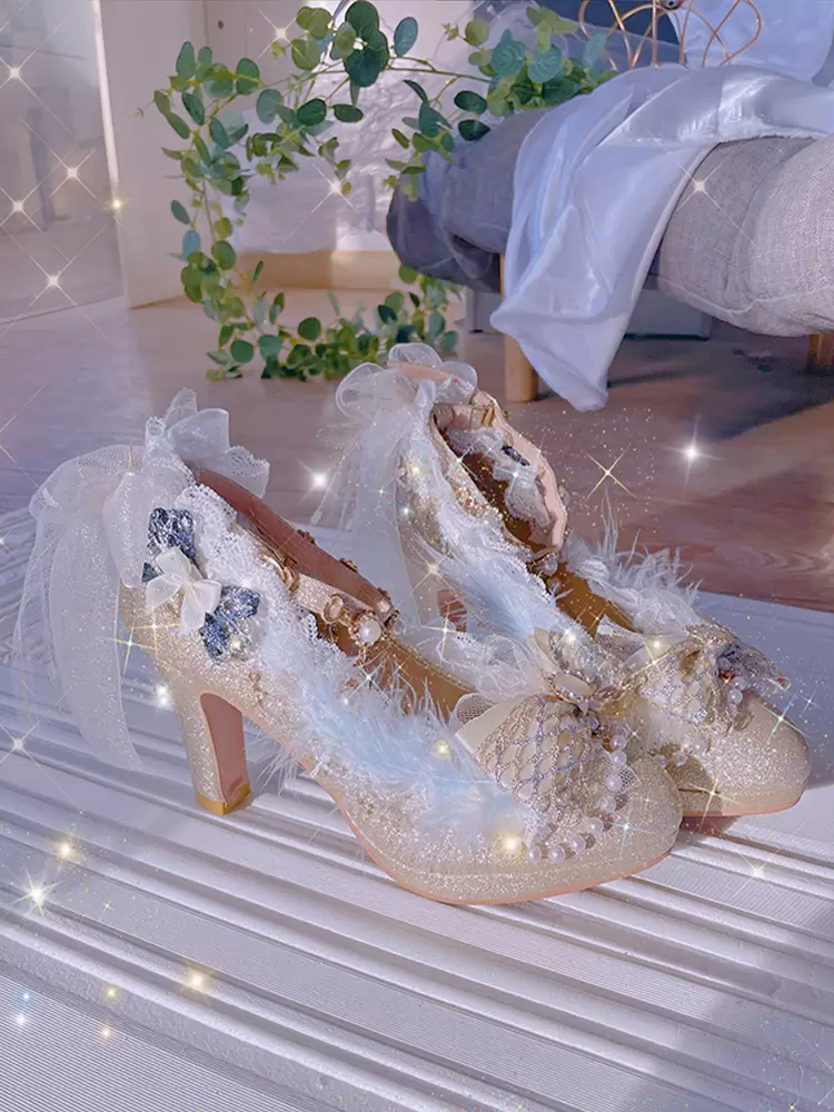 Sweet Lolita Footwear Champagne Pearls Bows Lace PU Leather Chunky Heel Lolita Pumps - Image 2