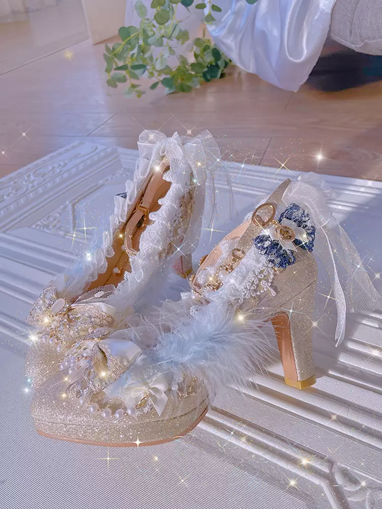 Sweet Lolita Footwear Champagne Pearls Bows Lace PU Leather Chunky Heel Lolita Pumps - Image 3