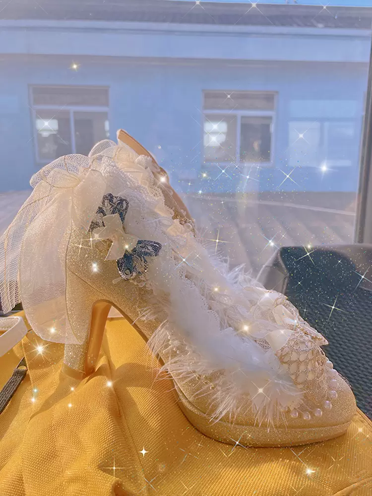 Sweet Lolita Footwear Champagne Pearls Bows Lace PU Leather Chunky Heel Lolita Pumps - Image 4