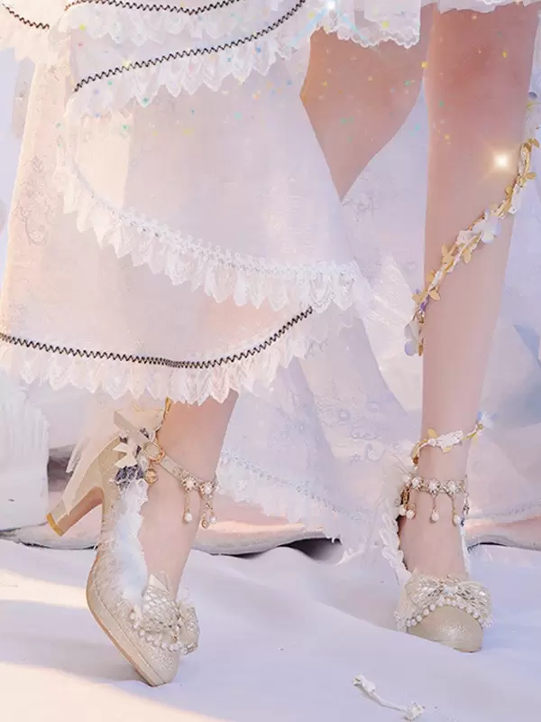 Sweet Lolita Footwear Champagne Pearls Bows Lace PU Leather Chunky Heel Lolita Pumps - Image 6