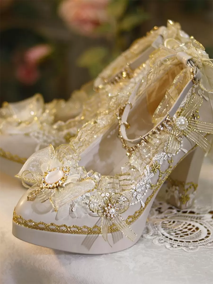 Sweet Lolita Footwear Ecru White Bows Flowers Lace PU Leather Chunky Heel Lolita Pumps - Image 5