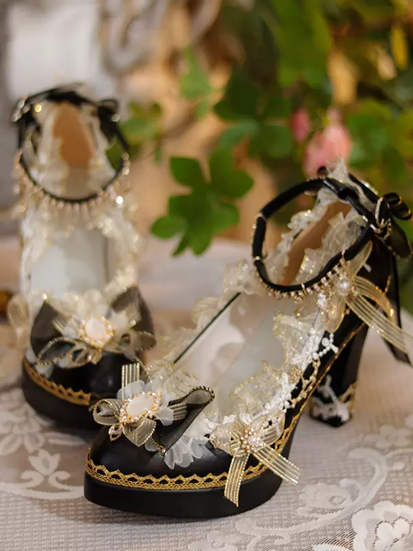 Sweet Lolita Footwear Ecru White Bows Flowers Lace PU Leather Chunky Heel Lolita Pumps - Image 8