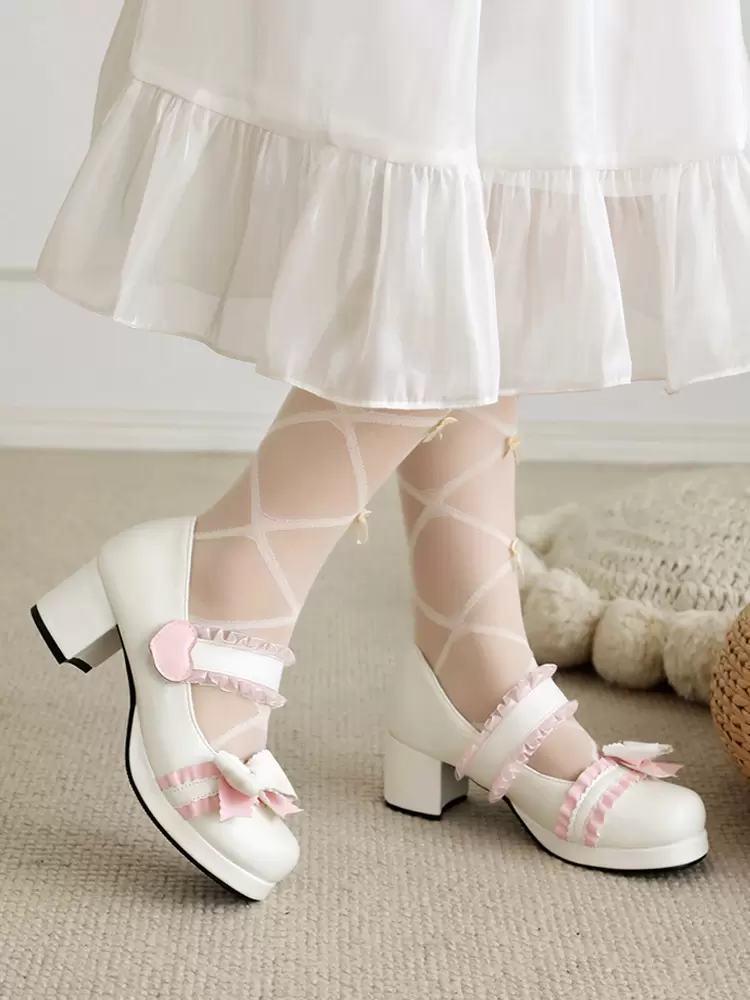 Sweet Lolita Footwear Pink Ruffles Bows Round Toe PU Leather Lolita Pumps - Image 2