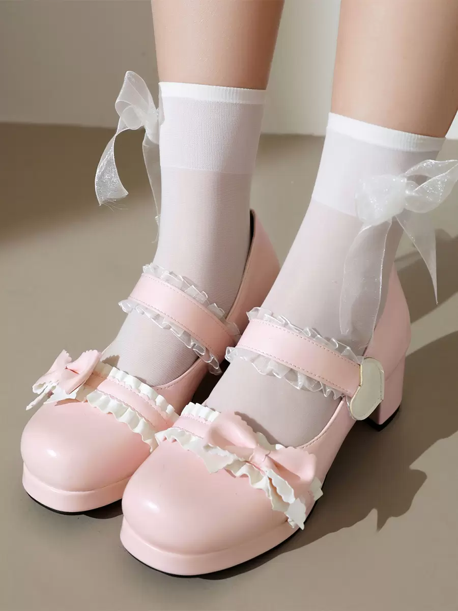 Sweet Lolita Footwear Pink Ruffles Bows Round Toe PU Leather Lolita Pumps - Image 3