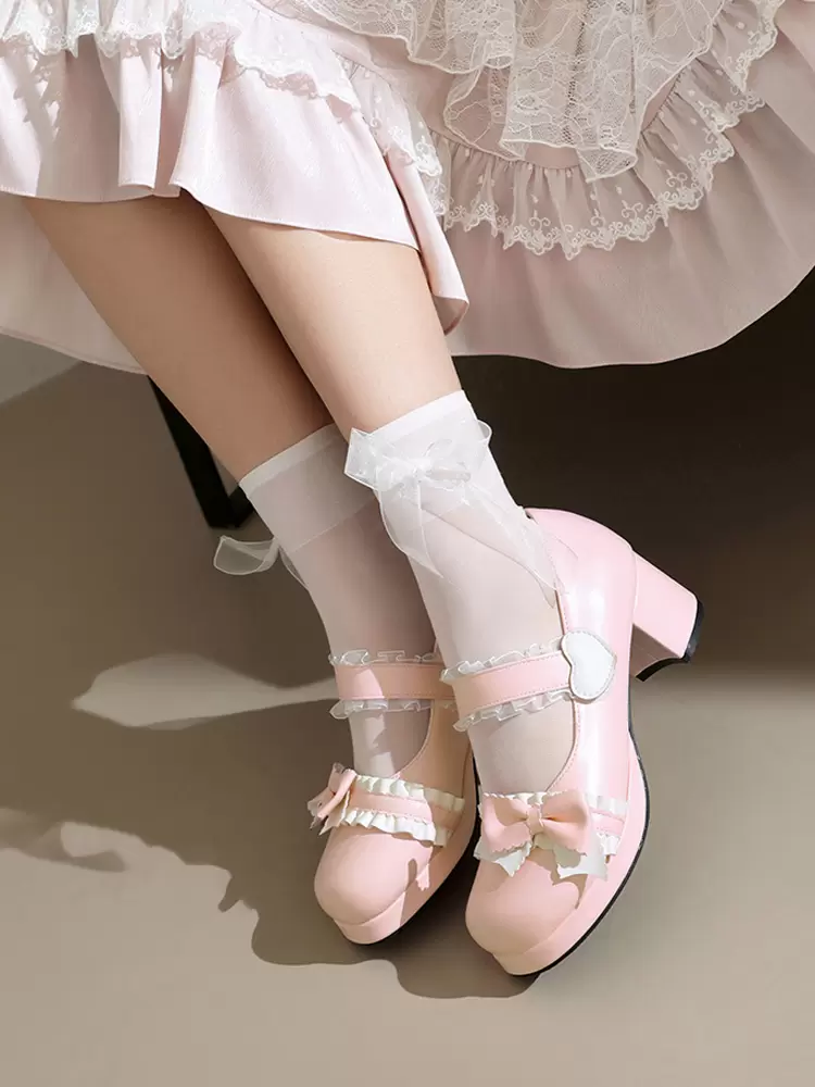 Sweet Lolita Footwear Pink Ruffles Bows Round Toe PU Leather Lolita Pumps - Image 4
