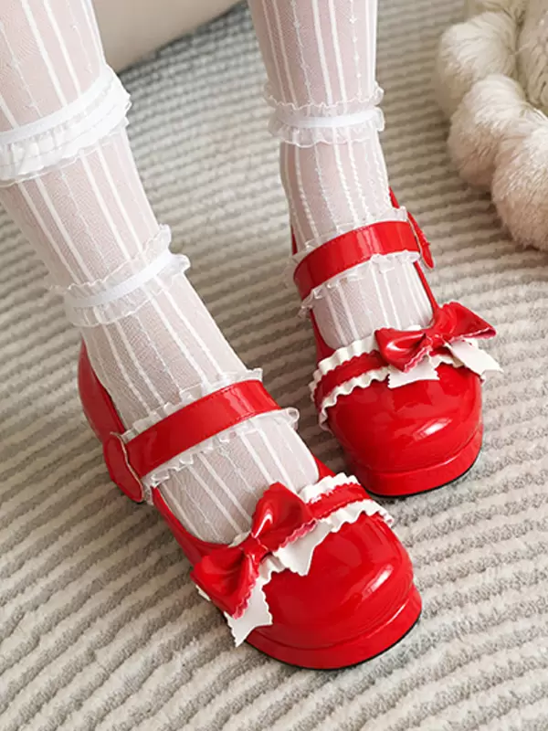 Sweet Lolita Footwear Pink Ruffles Bows Round Toe PU Leather Lolita Pumps - Image 10