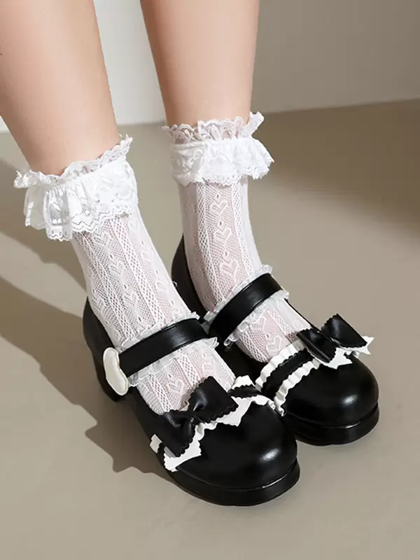 Sweet Lolita Footwear Pink Ruffles Bows Round Toe PU Leather Lolita Pumps - Image 6
