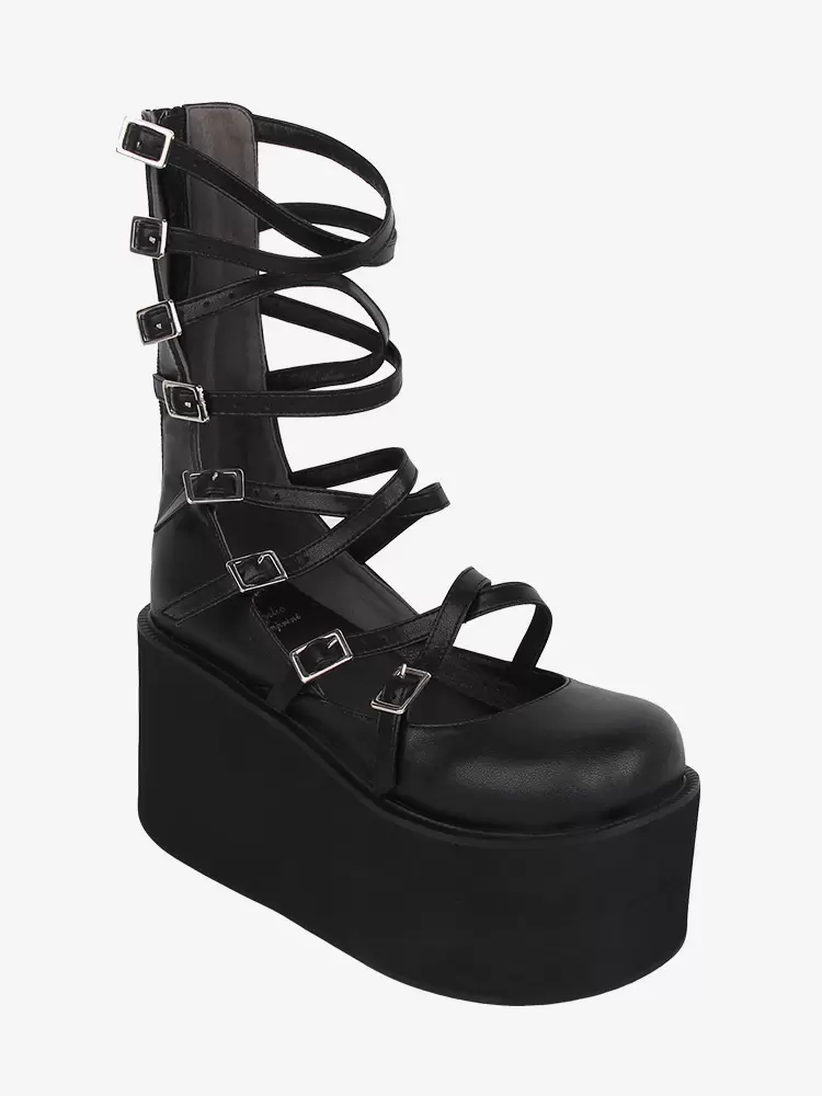 Sweet Lolita Sandals Black Lace Up PU Leather Round Toe Lolita Summer Shoes - Image 5