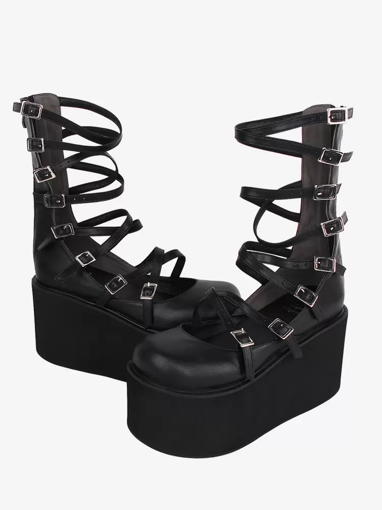 Sweet Lolita Sandals Black Lace Up PU Leather Round Toe Lolita Summer Shoes - Image 4