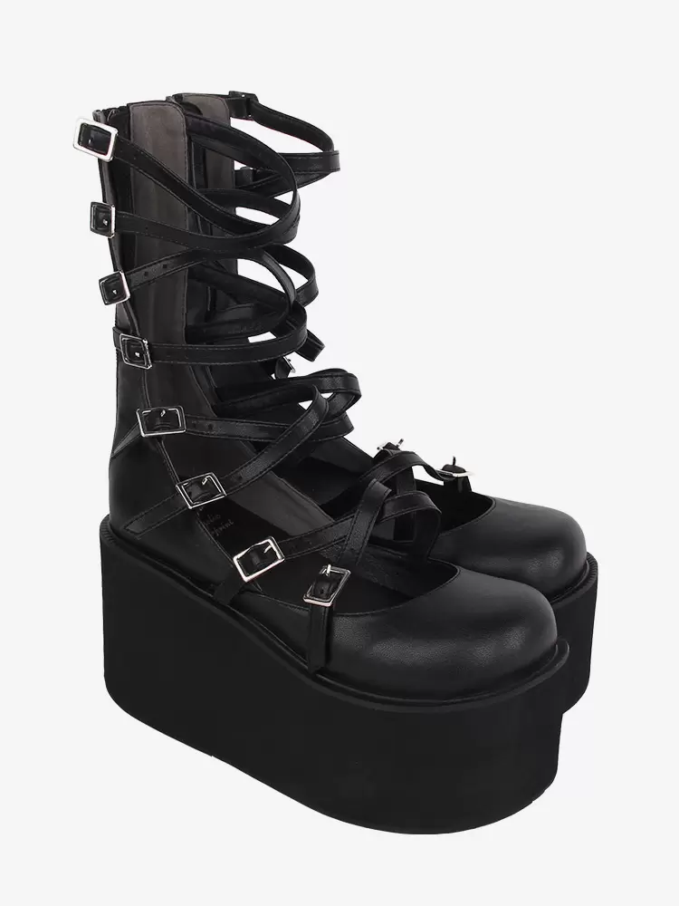 Sweet Lolita Sandals Black Lace Up PU Leather Round Toe Lolita Summer Shoes - Image 3