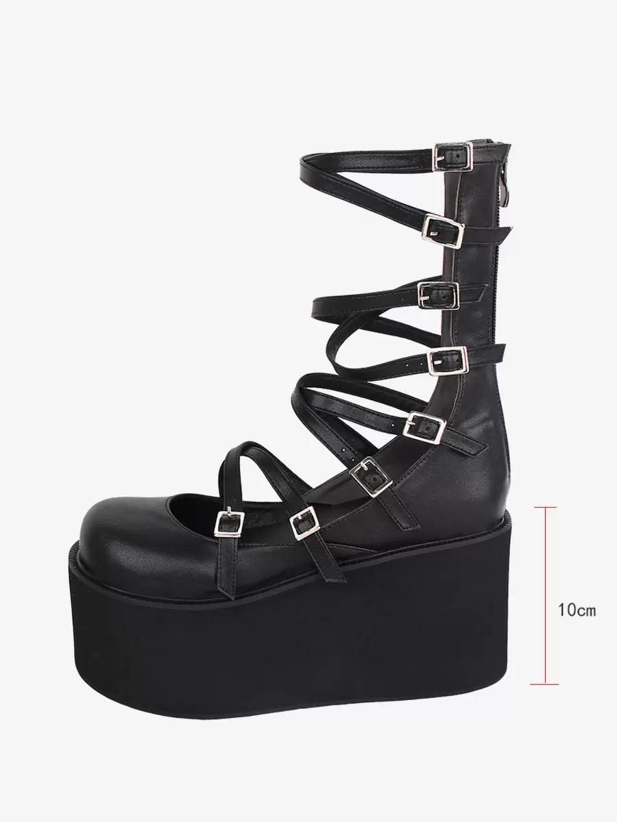 Sweet Lolita Sandals Black Lace Up PU Leather Round Toe Lolita Summer Shoes - Image 2