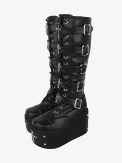 Gothic Lolita Boots PU Leather Metallic Grommets Rivets Round Toe Black Lolita Footwear