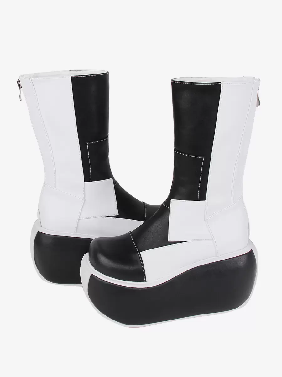 Gothic Lolita Boots PU Leather Patchwork Round Toe Black Lolita Footwear - Image 2