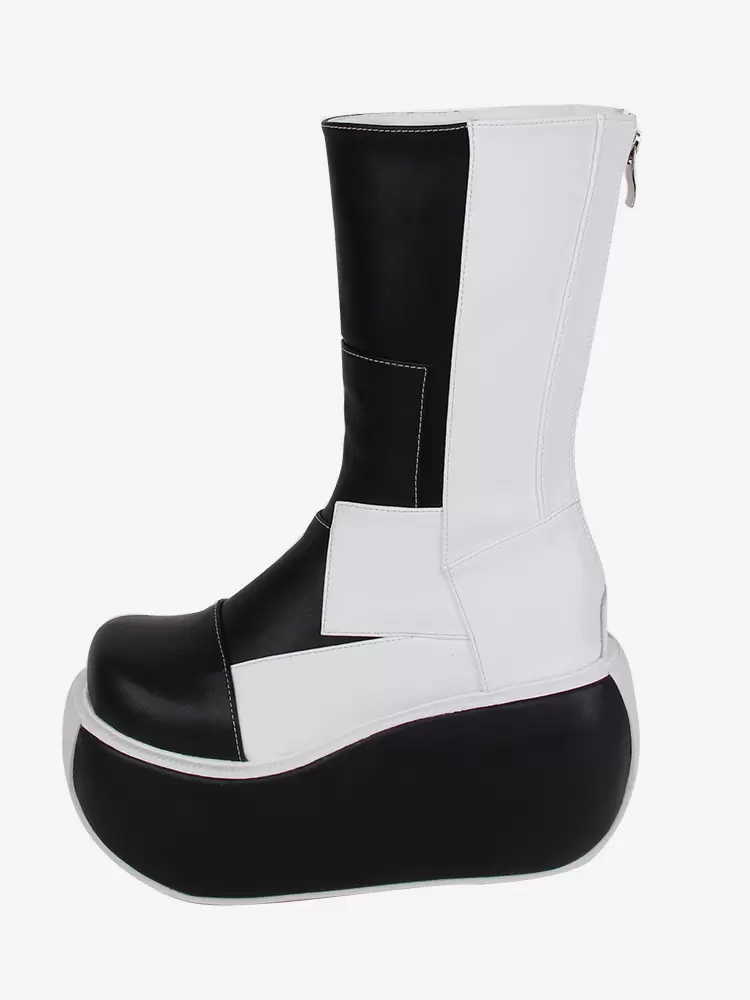 Gothic Lolita Boots PU Leather Patchwork Round Toe Black Lolita Footwear - Image 3