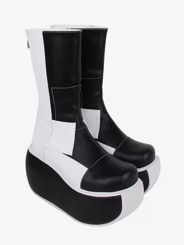 Gothic Lolita Boots PU Leather Patchwork Round Toe Black Lolita Footwear - Image 4