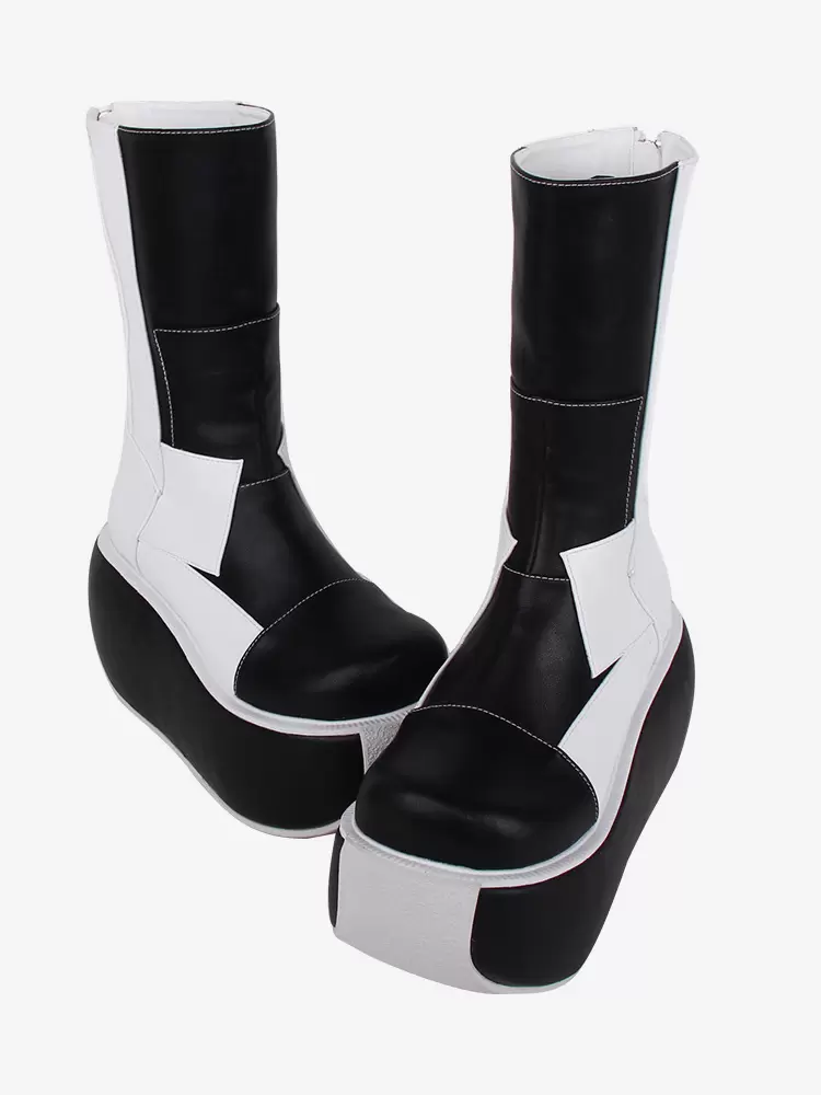 Gothic Lolita Boots PU Leather Patchwork Round Toe Black Lolita Footwear - Image 5