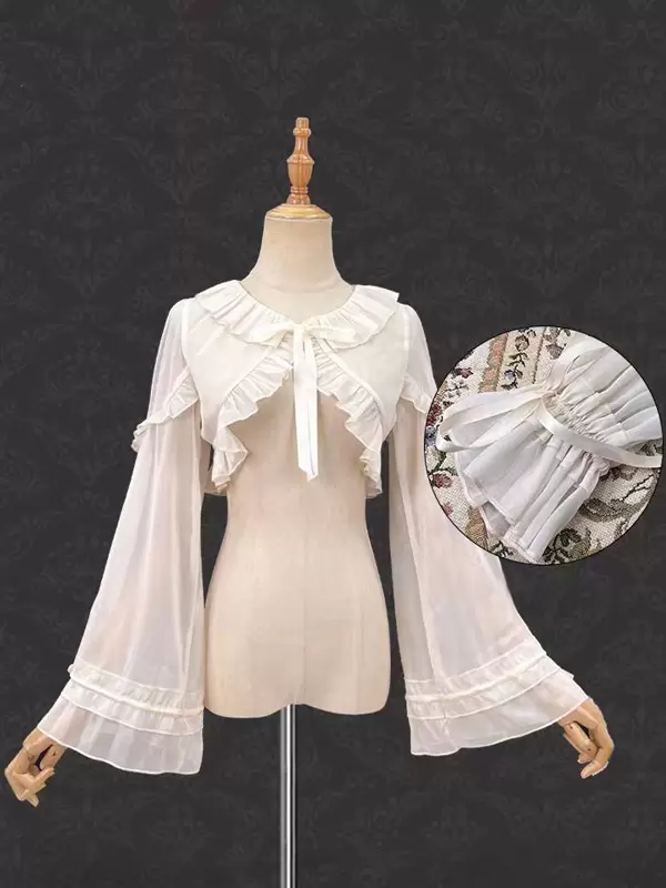Sweet Ecru White Long Sleeves Ruffles