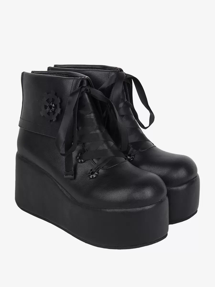 Sweet Lolita Boots Black Applique Floral Print Round Toe PU Leather Lolita Footwear - Image 2