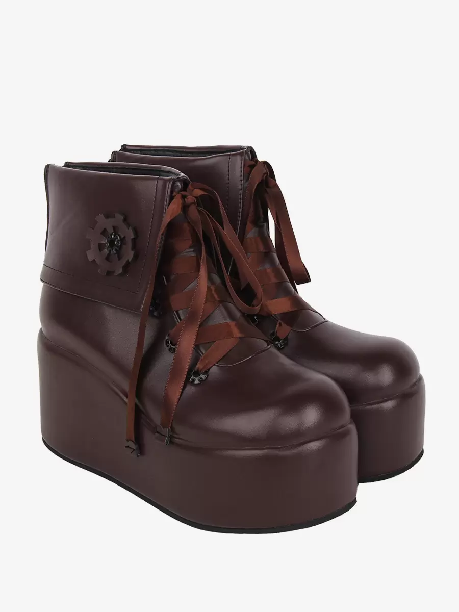 Sweet Lolita Boots Black Applique Floral Print Round Toe PU Leather Lolita Footwear - Image 3