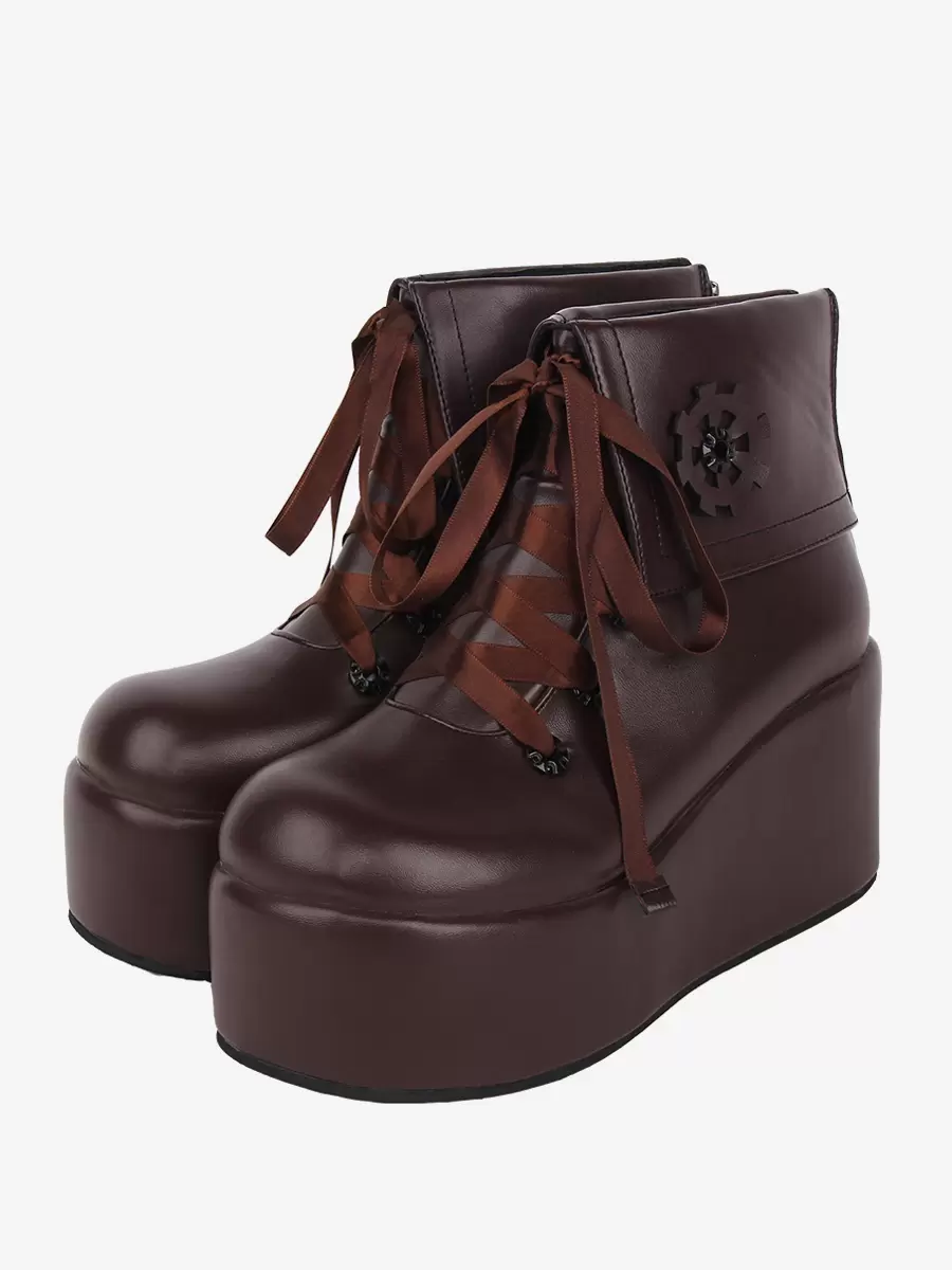 Sweet Lolita Boots Black Applique Floral Print Round Toe PU Leather Lolita Footwear - Image 4