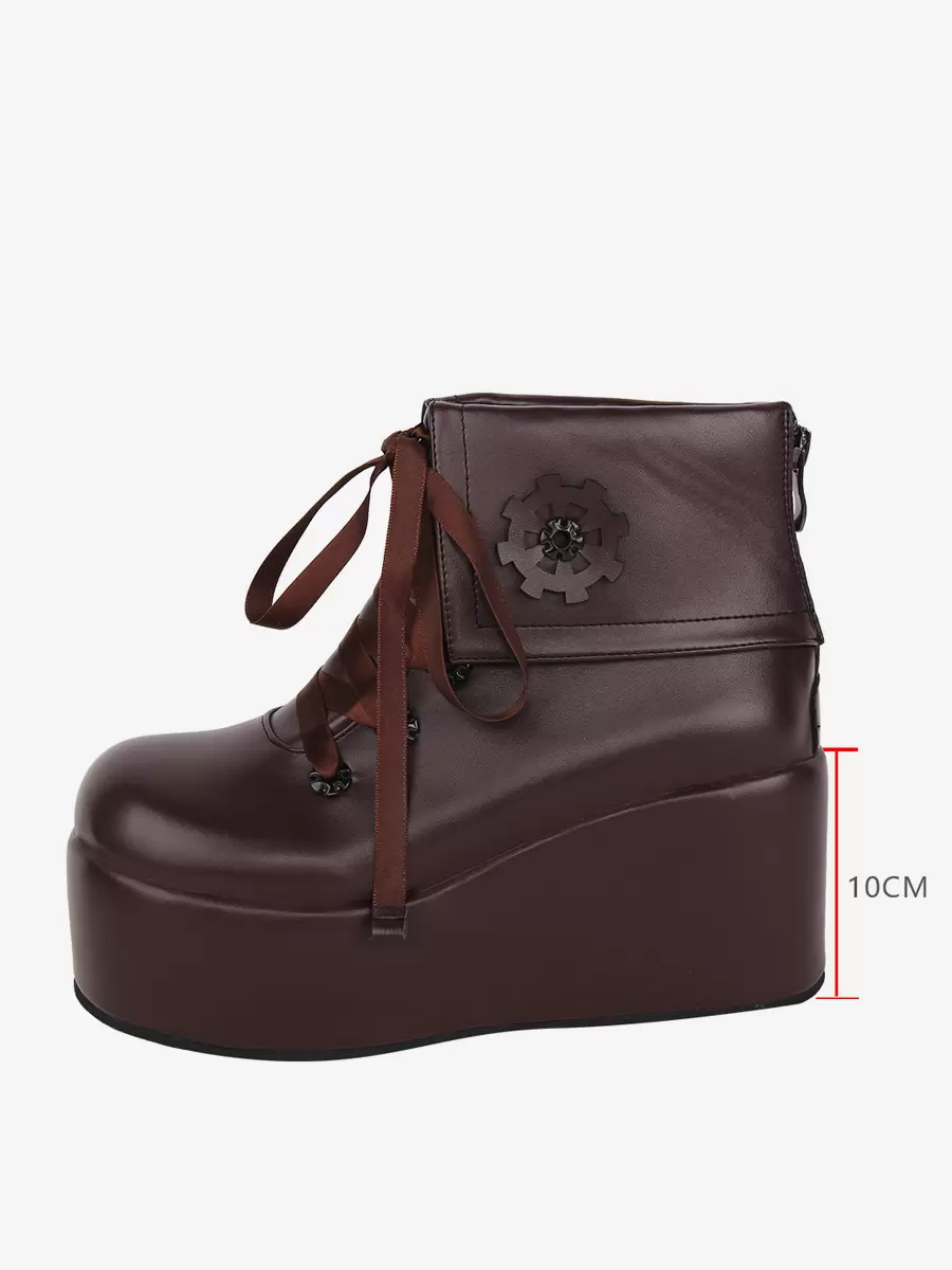 Sweet Lolita Boots Black Applique Floral Print Round Toe PU Leather Lolita Footwear - Image 5