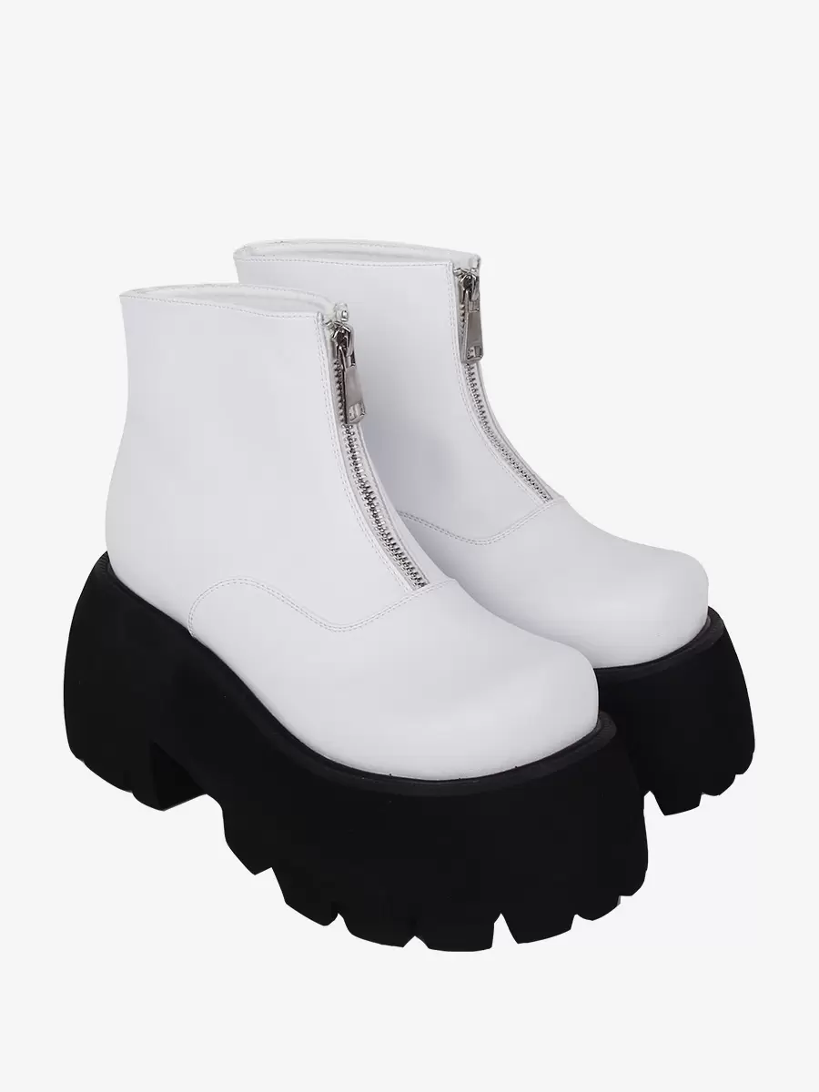 Steampunk Lolita Boots White Metal Details Metallic Round Toe PU Leather Lolita Footwear - Image 5