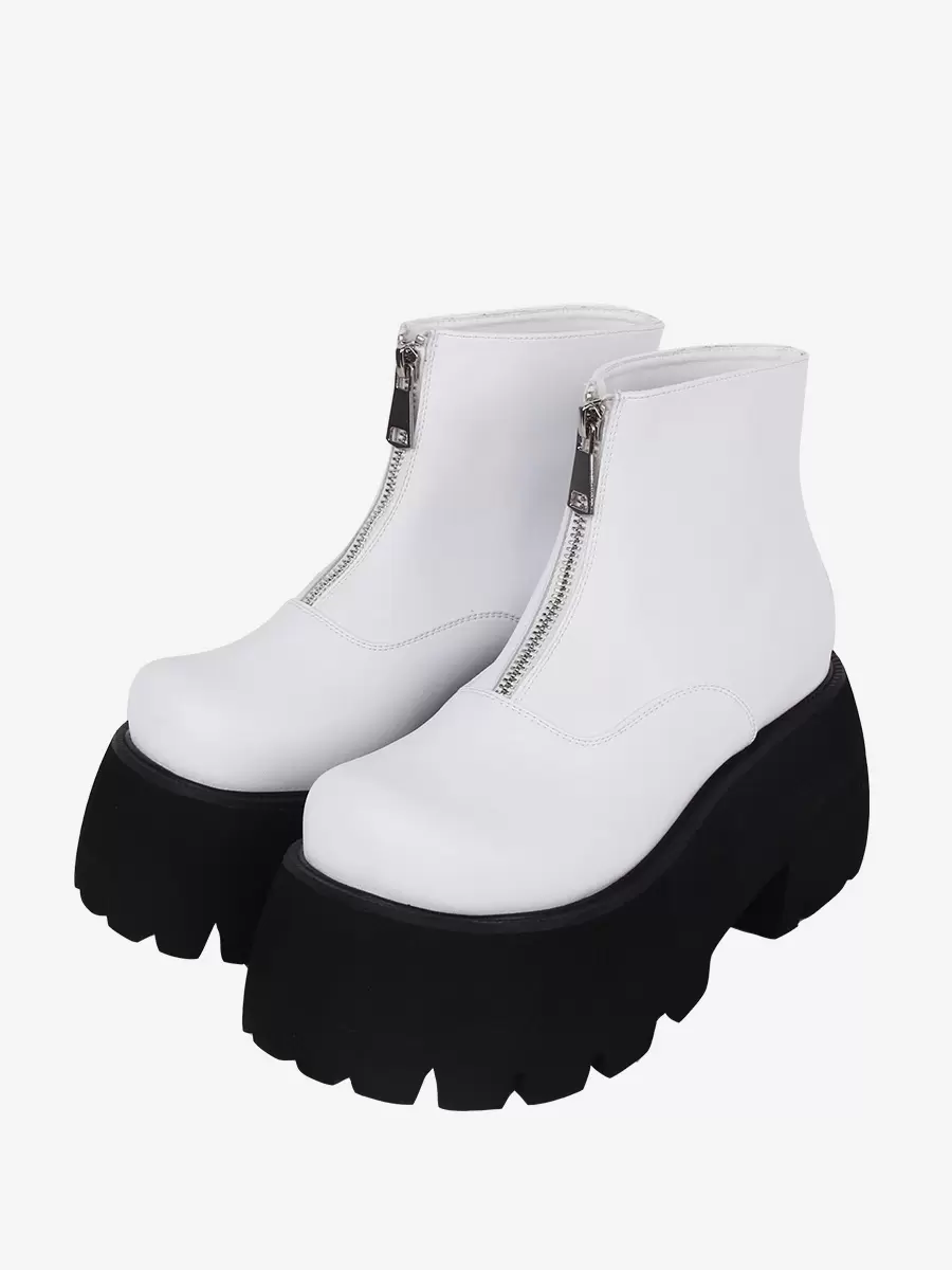 Steampunk Lolita Boots White Metal Details Metallic Round Toe PU Leather Lolita Footwear - Image 4
