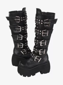Gothic Lolita Boots PU Leather Glitter Metallic Rivets Grommets Round Toe Black Lolita Footwear