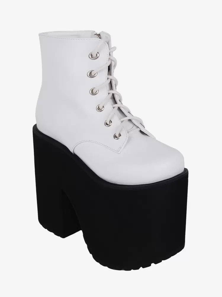 Gothic Lolita Footwear White Metallic Grommets Round Toe PU Leather Lolita Pumps - Image 3