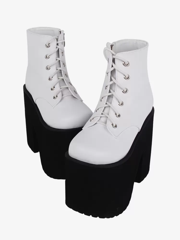 Gothic Lolita Footwear White Metallic Grommets Round Toe PU Leather Lolita Pumps - Image 4