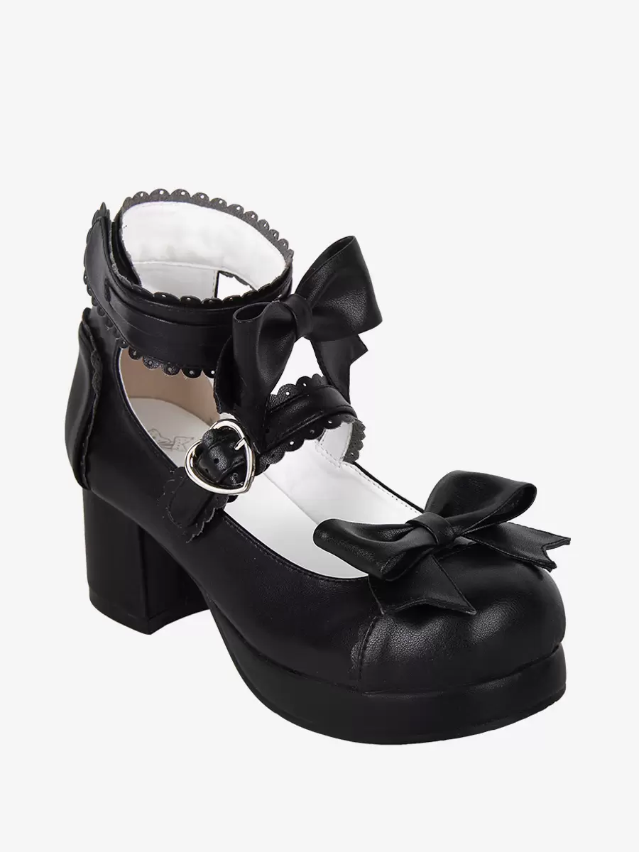 Sweet Lolita Sandals Bows Round Toe Bow PU Leather Black Lolita Summer Shoes - Image 4