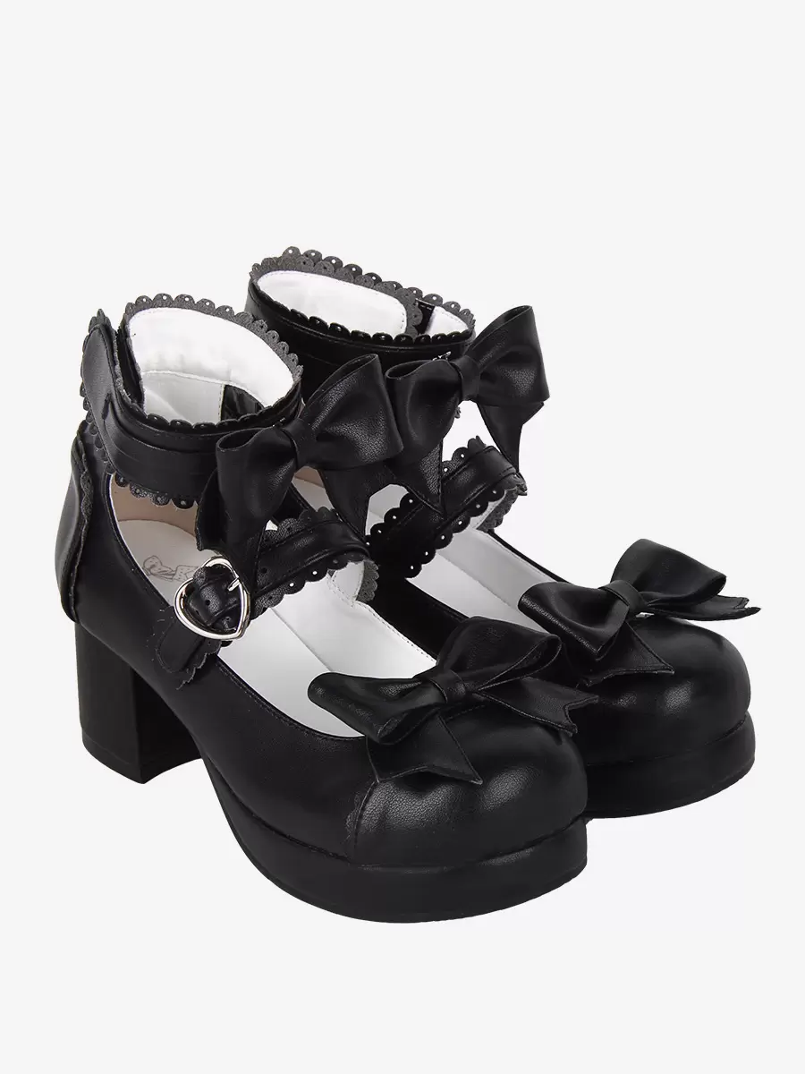 Sweet Lolita Sandals Bows Round Toe Bow PU Leather Black Lolita Summer Shoes - Image 2