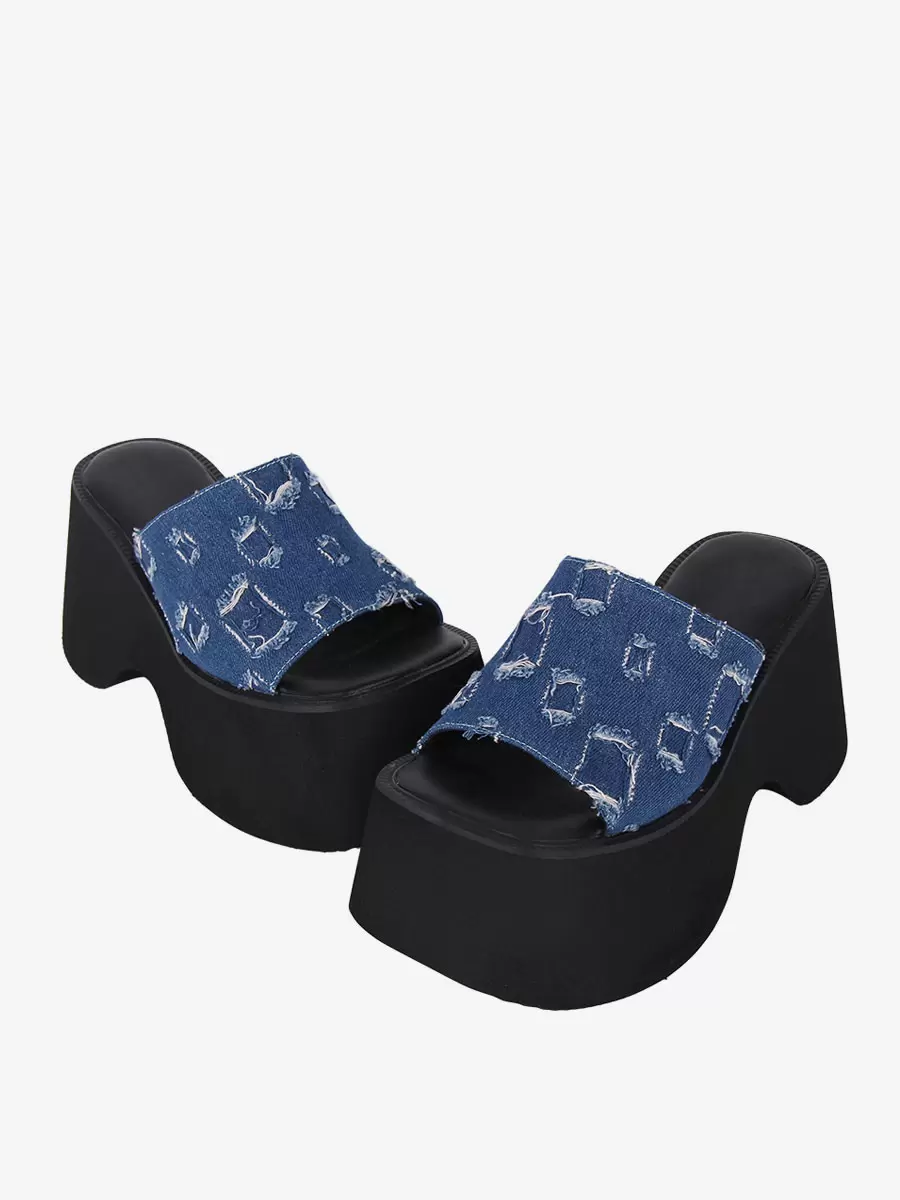 Gothic Lolita Sandals Woven Peep Toe Woven PU Leather Blue Lolita Summer Shoes - Image 3