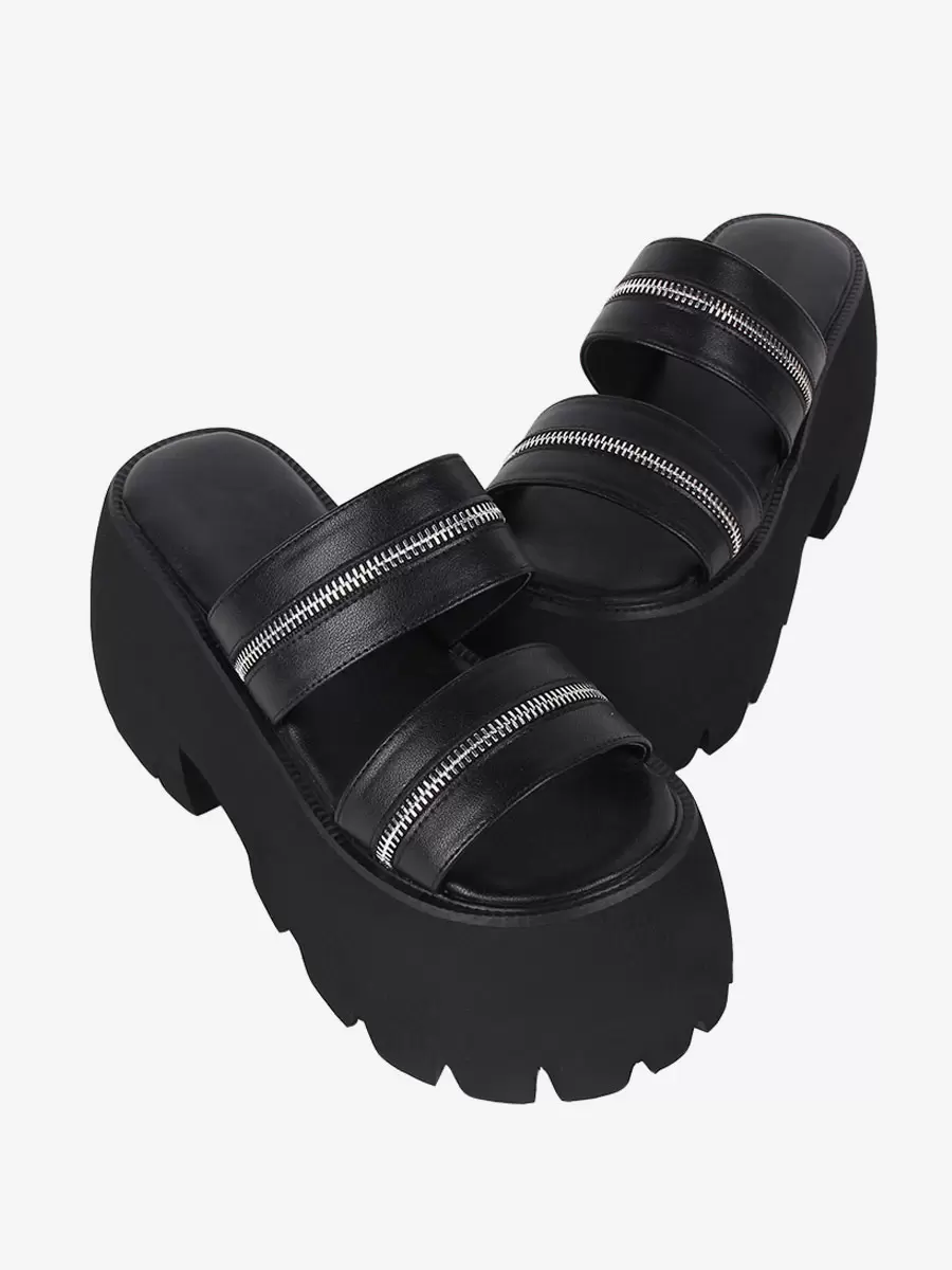 Gothic Lolita Sandals Black Metal Details Metallic PU Leather Peep Toe Lolita Summer Shoes - Image 3
